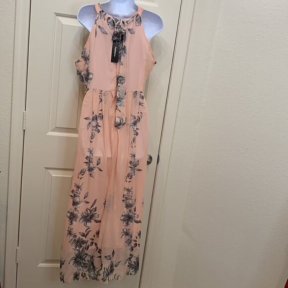 Fashion Mia Large Scoop Neck Short Sleeve Tie Back Peach Gray Floral Maxi Dress - Picture 7 of 14